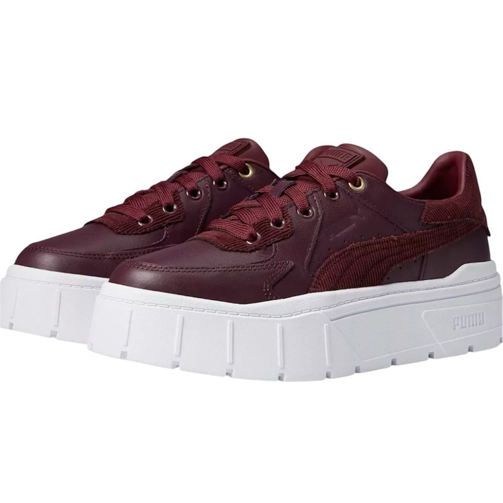Puma Platform Sneakers Vegan Leather Lace Up Burgundy White Sz. 7